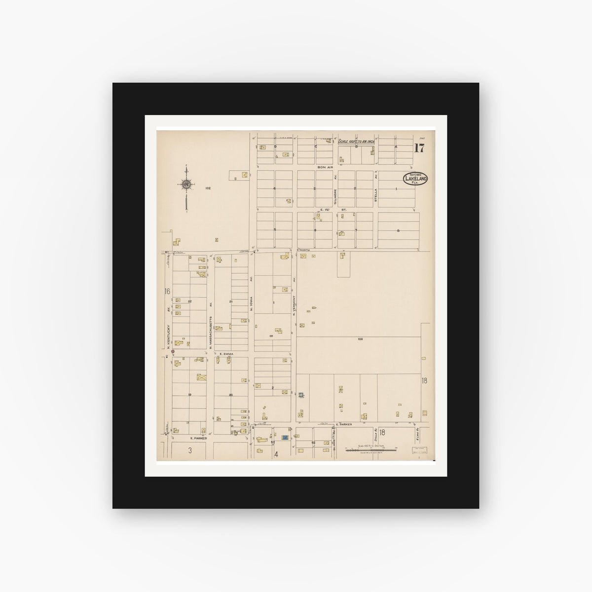 Old map wall art mockup — black gallery frame with white mat — Sanborn Fire Insurance Map from Lakeland, Polk County, Florida (1922), Sheet #0017