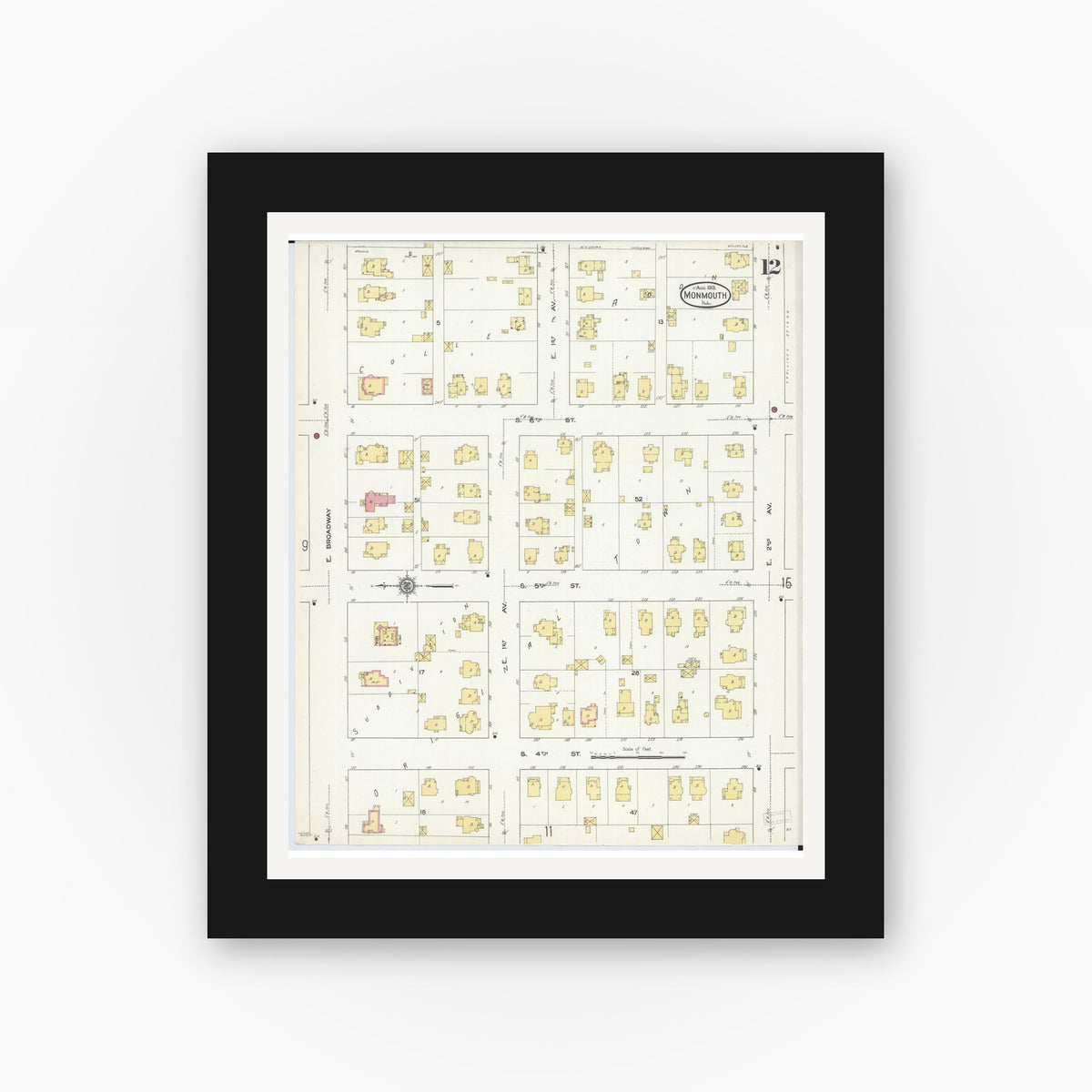 Old map wall art mockup — black gallery frame with white mat — Sanborn Fire Insurance Map from Monmouth, Warren County, Illinois (1913), Sheet #0012