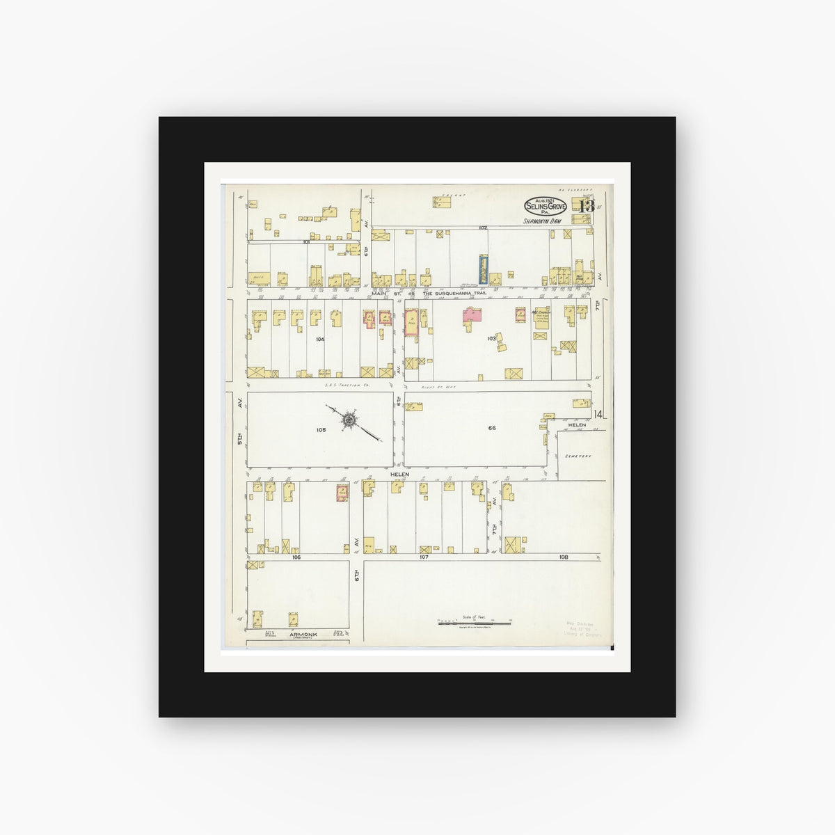 Old map wall art mockup — black gallery frame with white mat — Sanborn Fire Insurance Map from Selins Grove, Snyder County, Pennsylvania (1921), Sheet #0013