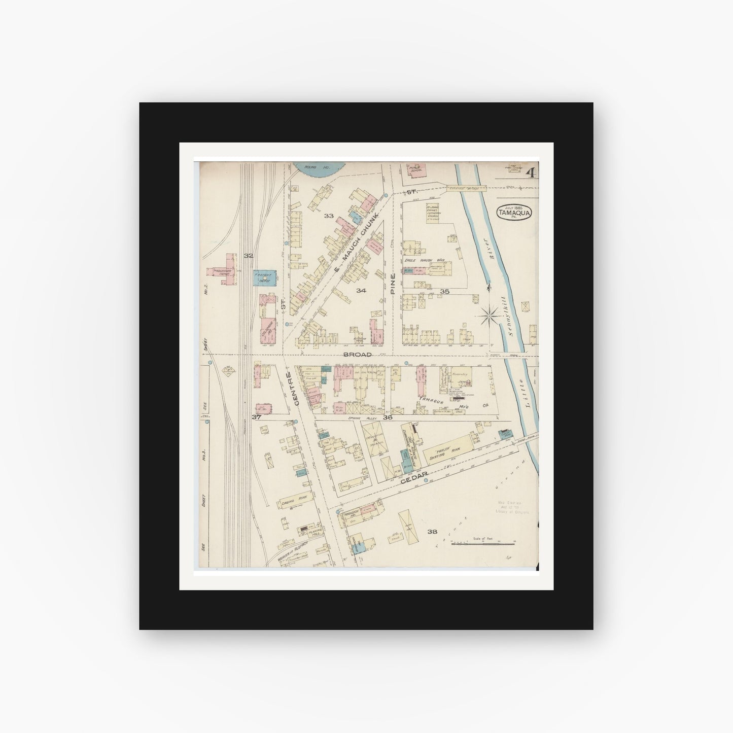 Old map wall art mockup — black gallery frame with white mat — Sanborn Fire Insurance Map from Tamaqua, Schuylkill County, Pennsylvania (1885), Sheet #0004