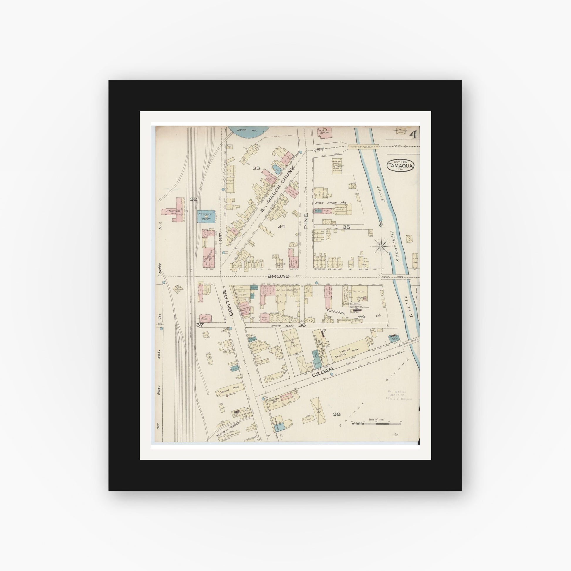 Old map wall art mockup — black gallery frame with white mat — Sanborn Fire Insurance Map from Tamaqua, Schuylkill County, Pennsylvania (1885), Sheet #0004