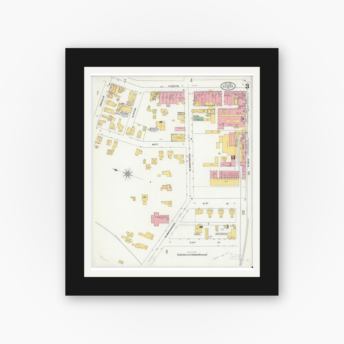 Old map wall art mockup — black gallery frame with white mat — Sanborn Fire Insurance Map from Corry, Erie County, Pennsylvania (1904), Sheet #0003