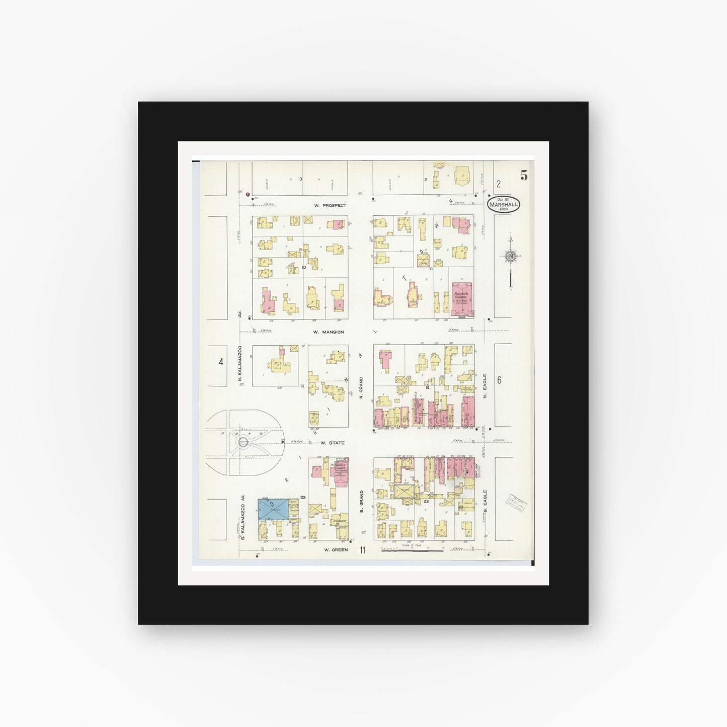 Old map wall art mockup — black gallery frame with white mat — Sanborn Fire Insurance Map from Marshall, Calhoun County, Michigan (1911), Sheet #0005