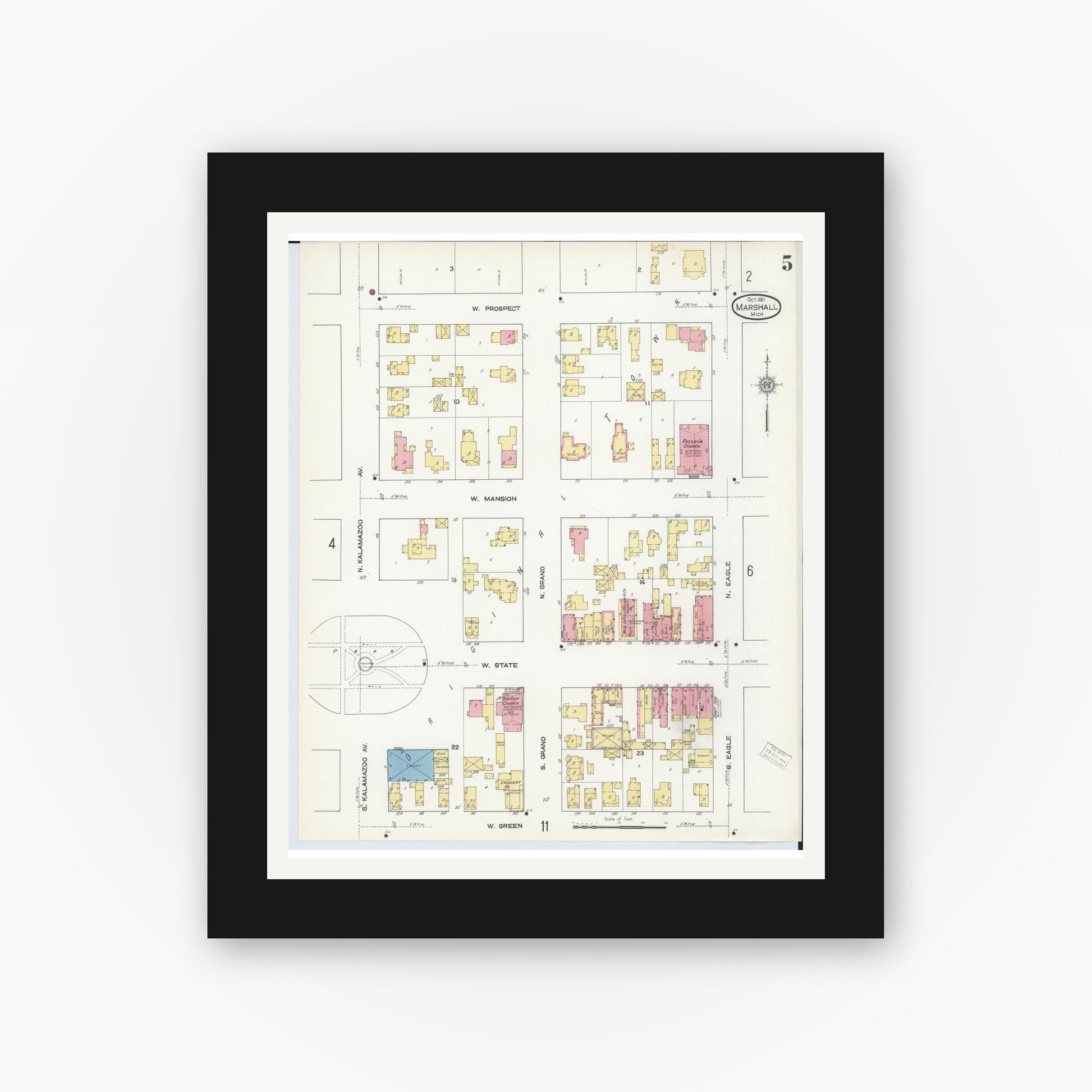 Old map wall art mockup — black gallery frame with white mat — Sanborn Fire Insurance Map from Marshall, Calhoun County, Michigan (1911), Sheet #0005