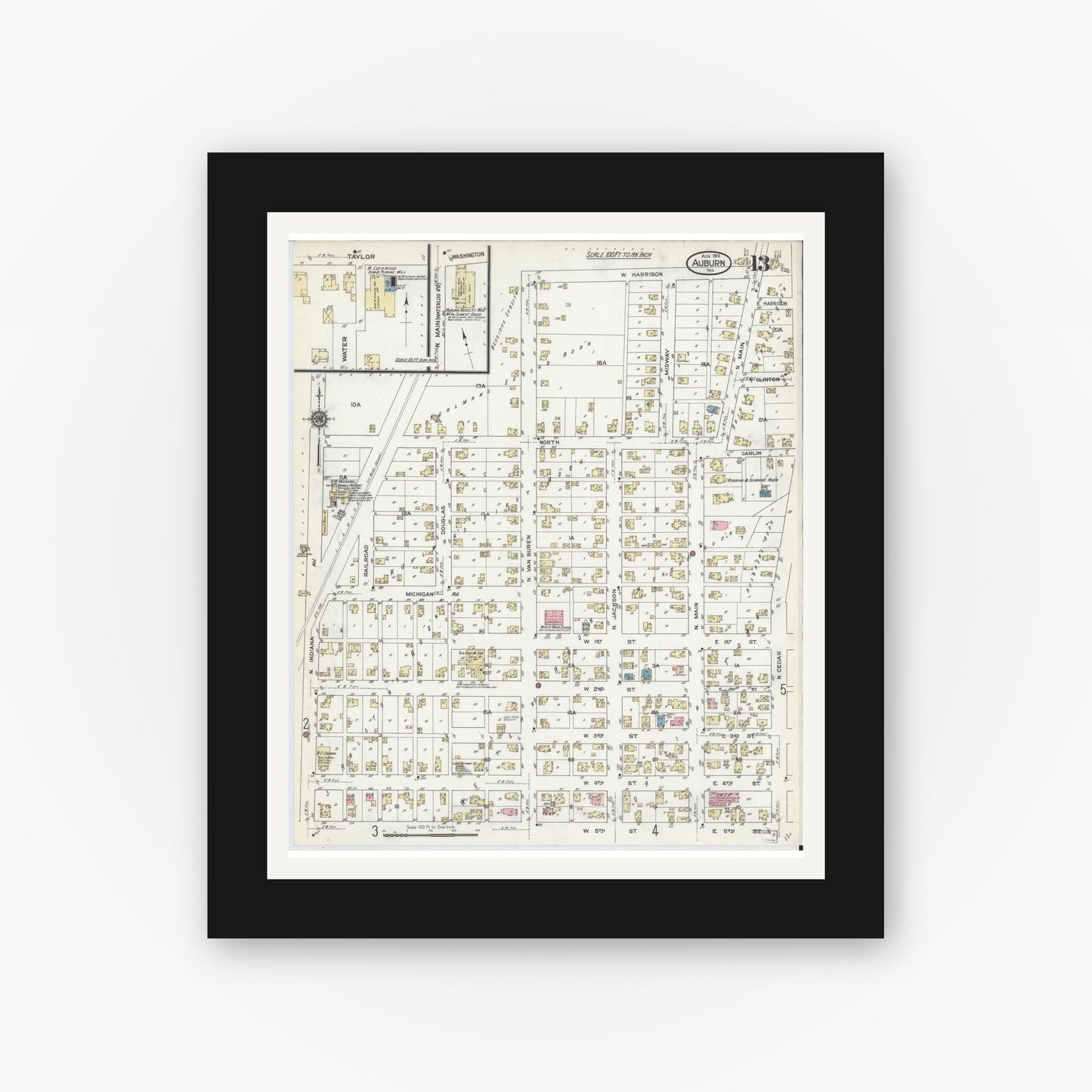 Old map wall art mockup — black gallery frame with white mat — Sanborn Fire Insurance Map from Auburn, De Kalb County, Indiana (1914), Sheet #0013