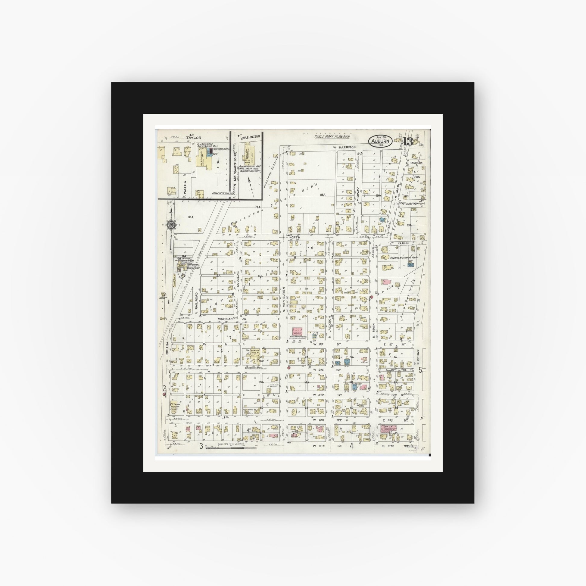 Old map wall art mockup — black gallery frame with white mat — Sanborn Fire Insurance Map from Auburn, De Kalb County, Indiana (1914), Sheet #0013