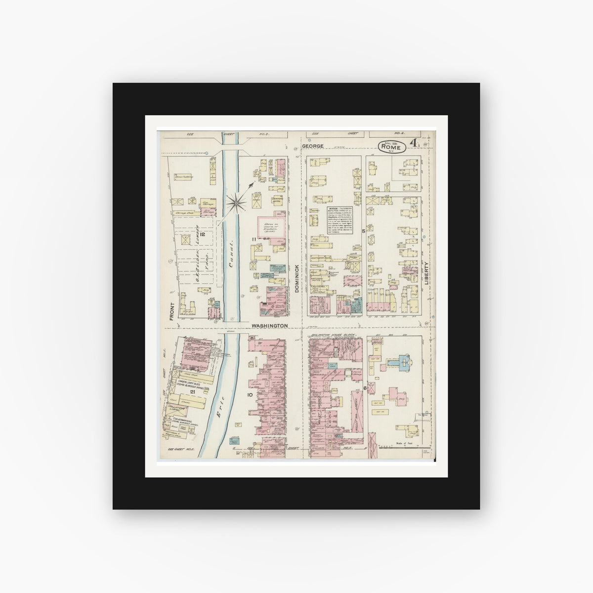 Old map wall art mockup — black gallery frame with white mat — Sanborn Fire Insurance Map from Rome, Oneida County, New York (1884), Sheet #0004
