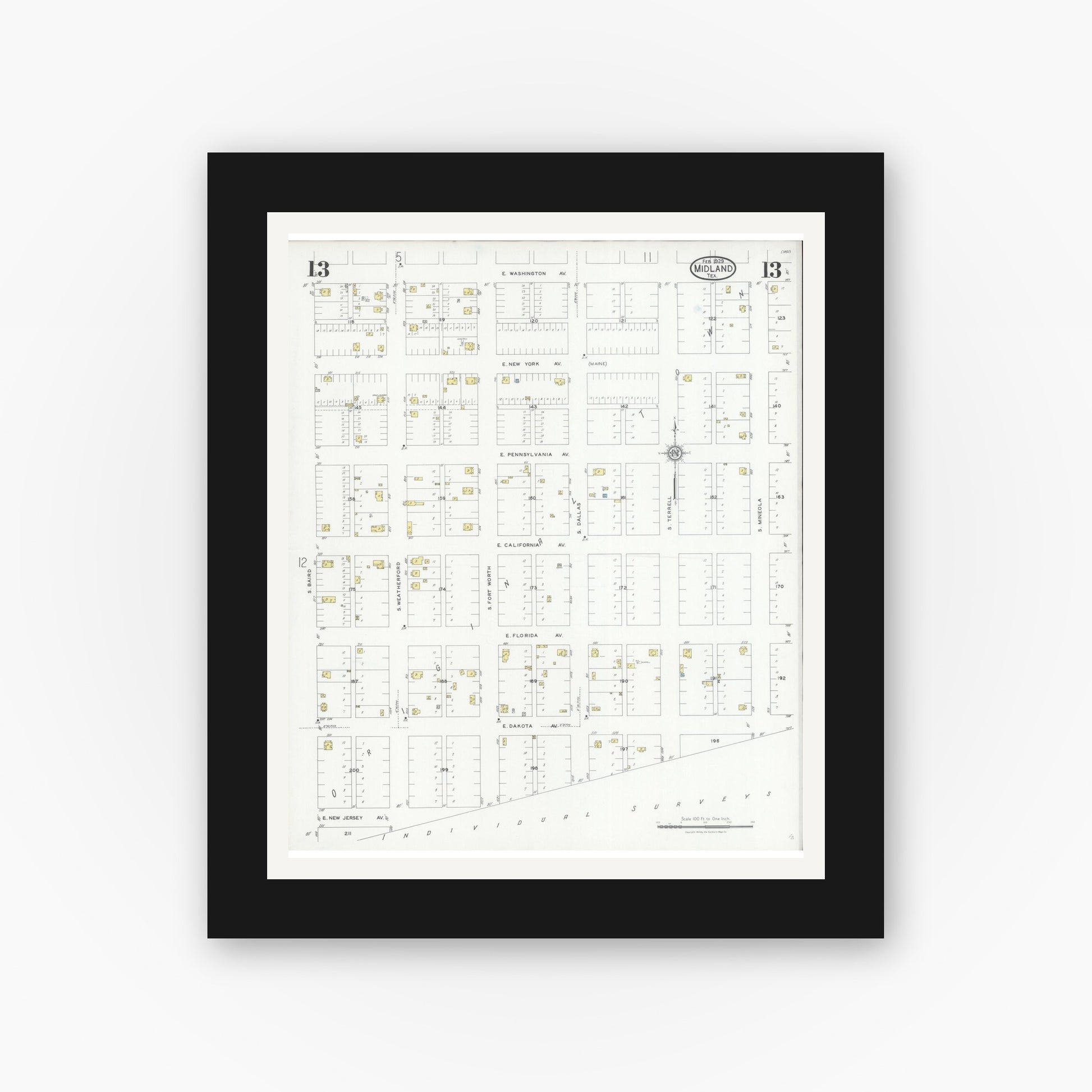 Old map wall art mockup — black gallery frame with white mat — Sanborn Fire Insurance Map from Midland, Midland County, Texas (1929), Sheet #0013