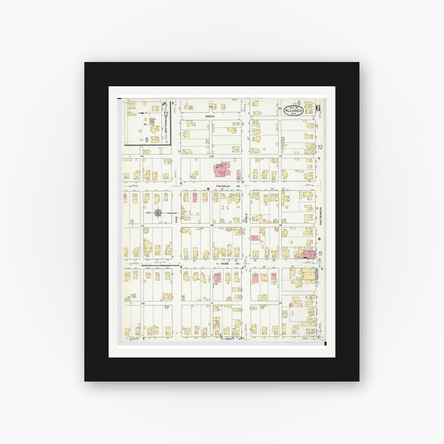 Old map wall art mockup — black gallery frame with white mat — Sanborn Fire Insurance Map from Alliance, Stark County, Ohio (1911), Sheet #0006