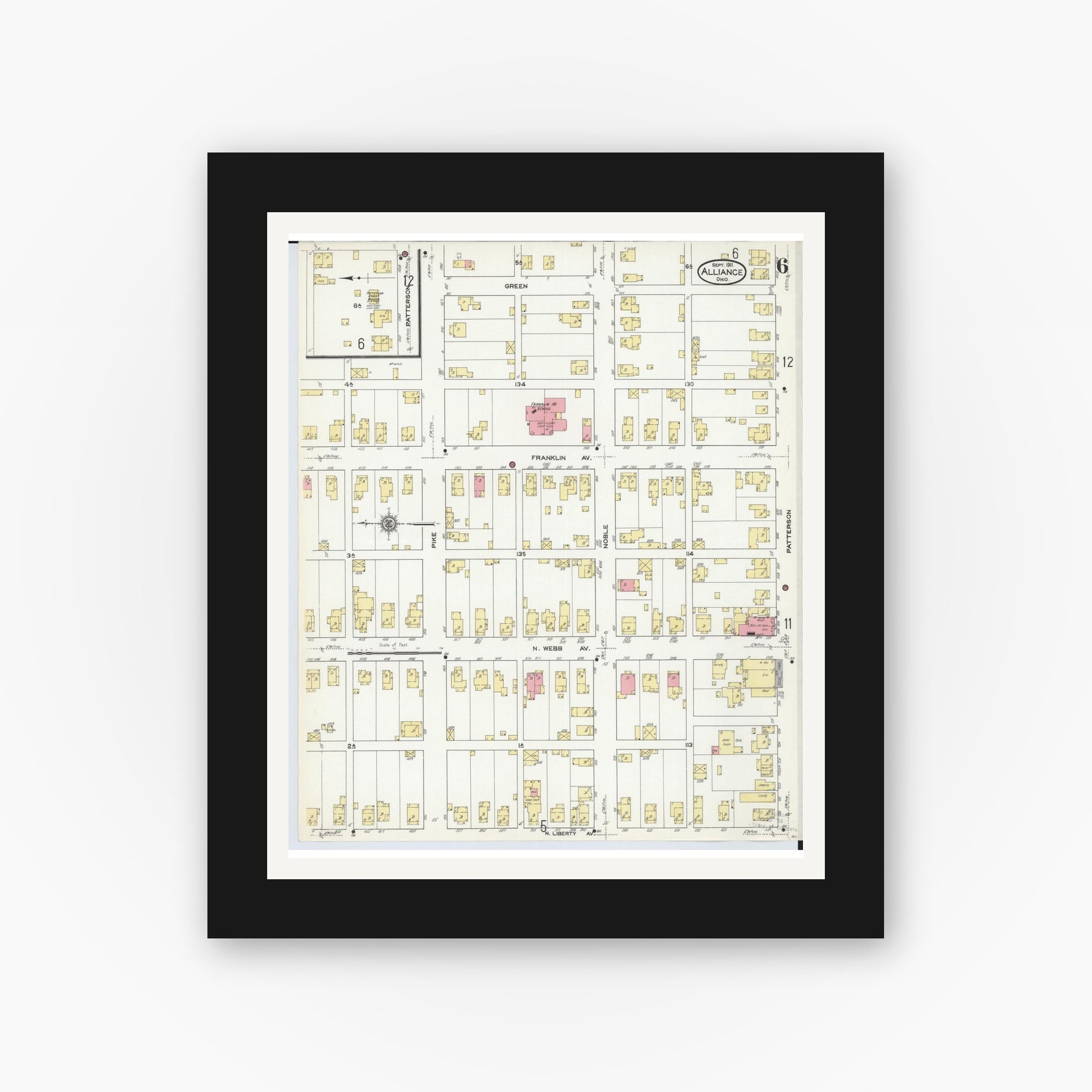 Old map wall art mockup — black gallery frame with white mat — Sanborn Fire Insurance Map from Alliance, Stark County, Ohio (1911), Sheet #0006