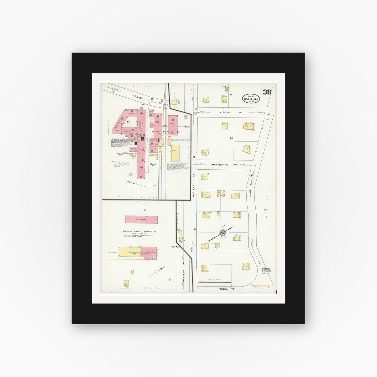 Old map wall art mockup — black gallery frame with white mat — Sanborn Fire Insurance Map from Westfield, Hampden County, Massachusetts (1910), Sheet #0038