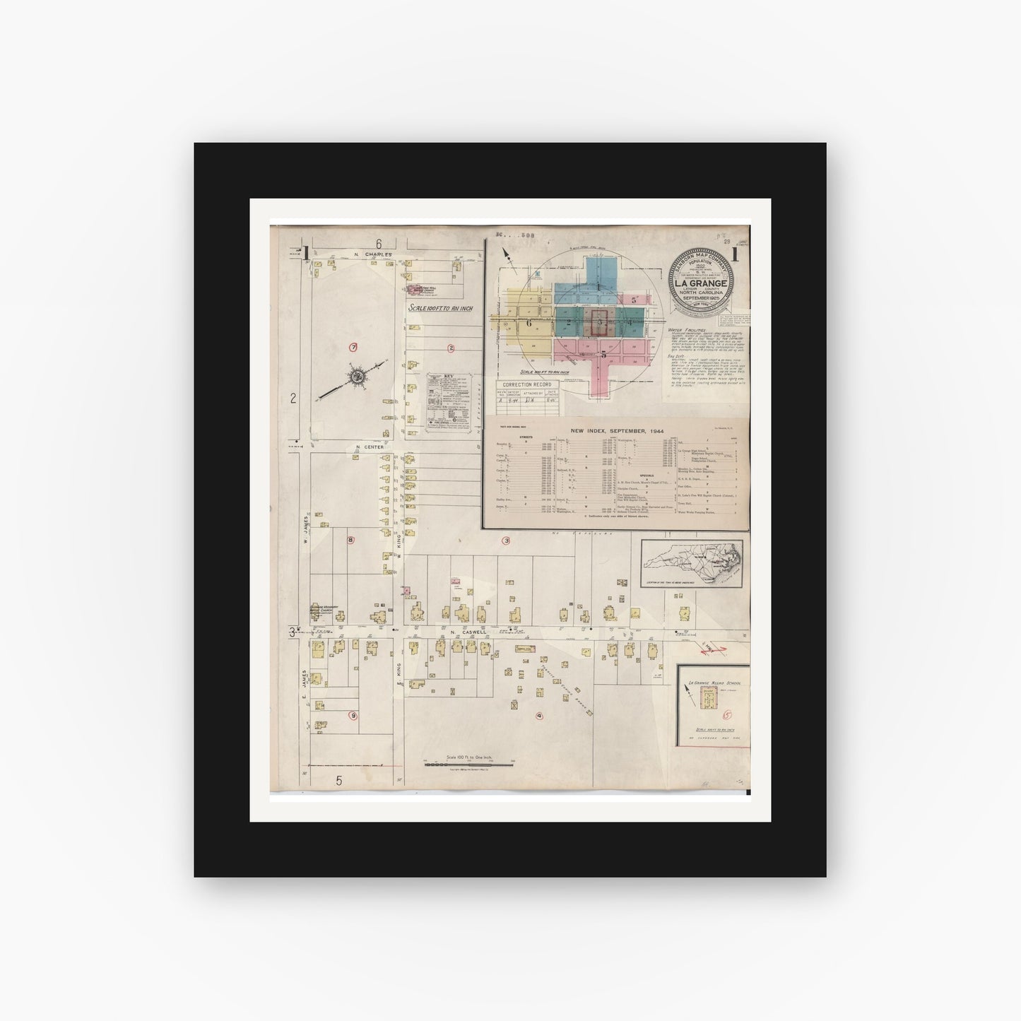 Old map wall art mockup — black gallery frame with white mat — Sanborn Fire Insurance Map from La Grange, Lenoir County, North Carolina (1944), Sheet #0001