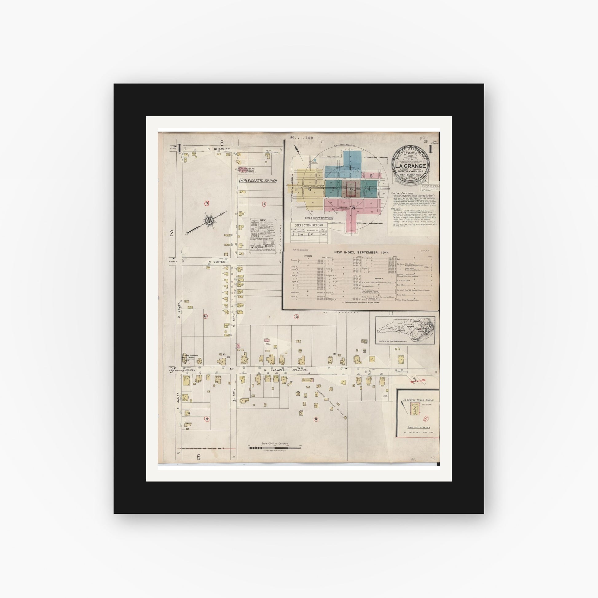 Old map wall art mockup — black gallery frame with white mat — Sanborn Fire Insurance Map from La Grange, Lenoir County, North Carolina (1944), Sheet #0001