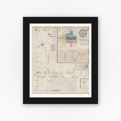 Old map wall art mockup — black gallery frame with white mat — Sanborn Fire Insurance Map from La Grange, Lenoir County, North Carolina (1944), Sheet #0001