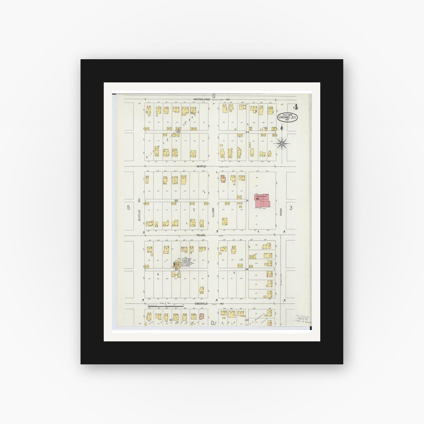 Old map wall art mockup — black gallery frame with white mat — Sanborn Fire Insurance Map from Chicago Junction, Huron County, Ohio (1899), Sheet #0004