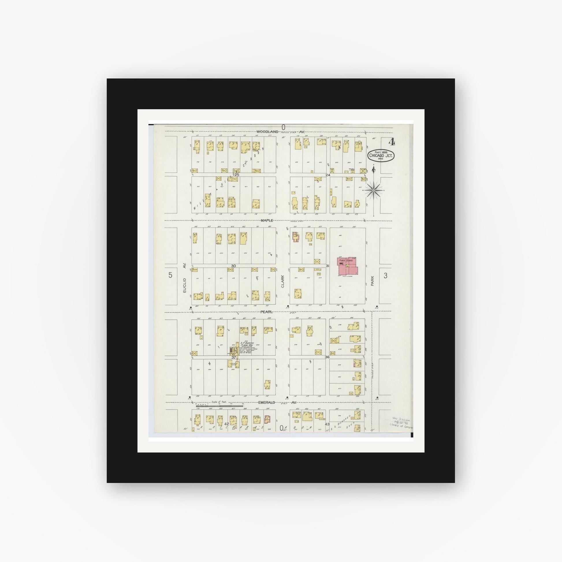 Old map wall art mockup — black gallery frame with white mat — Sanborn Fire Insurance Map from Chicago Junction, Huron County, Ohio (1899), Sheet #0004