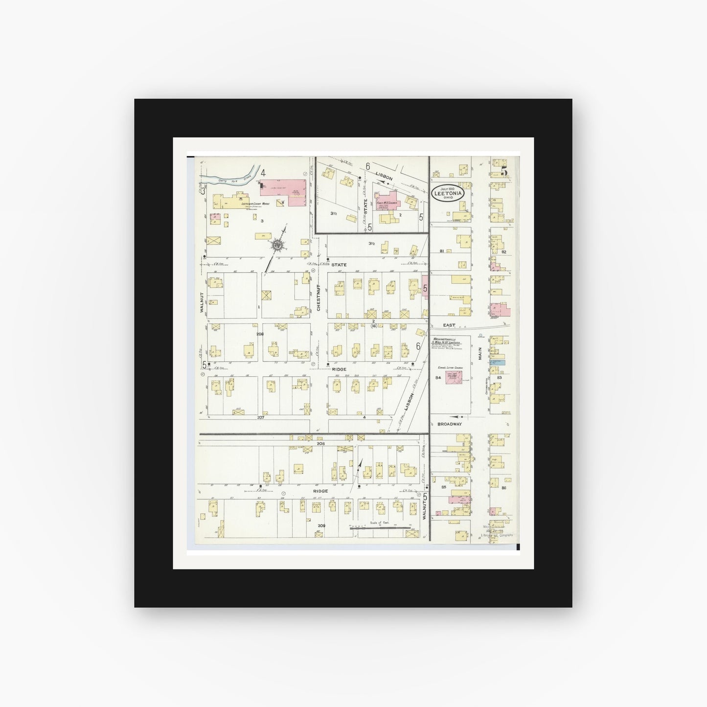 Old map wall art mockup — black gallery frame with white mat — Sanborn Fire Insurance Map from Leetonia, Columbiana County, Ohio (1910), Sheet #0005