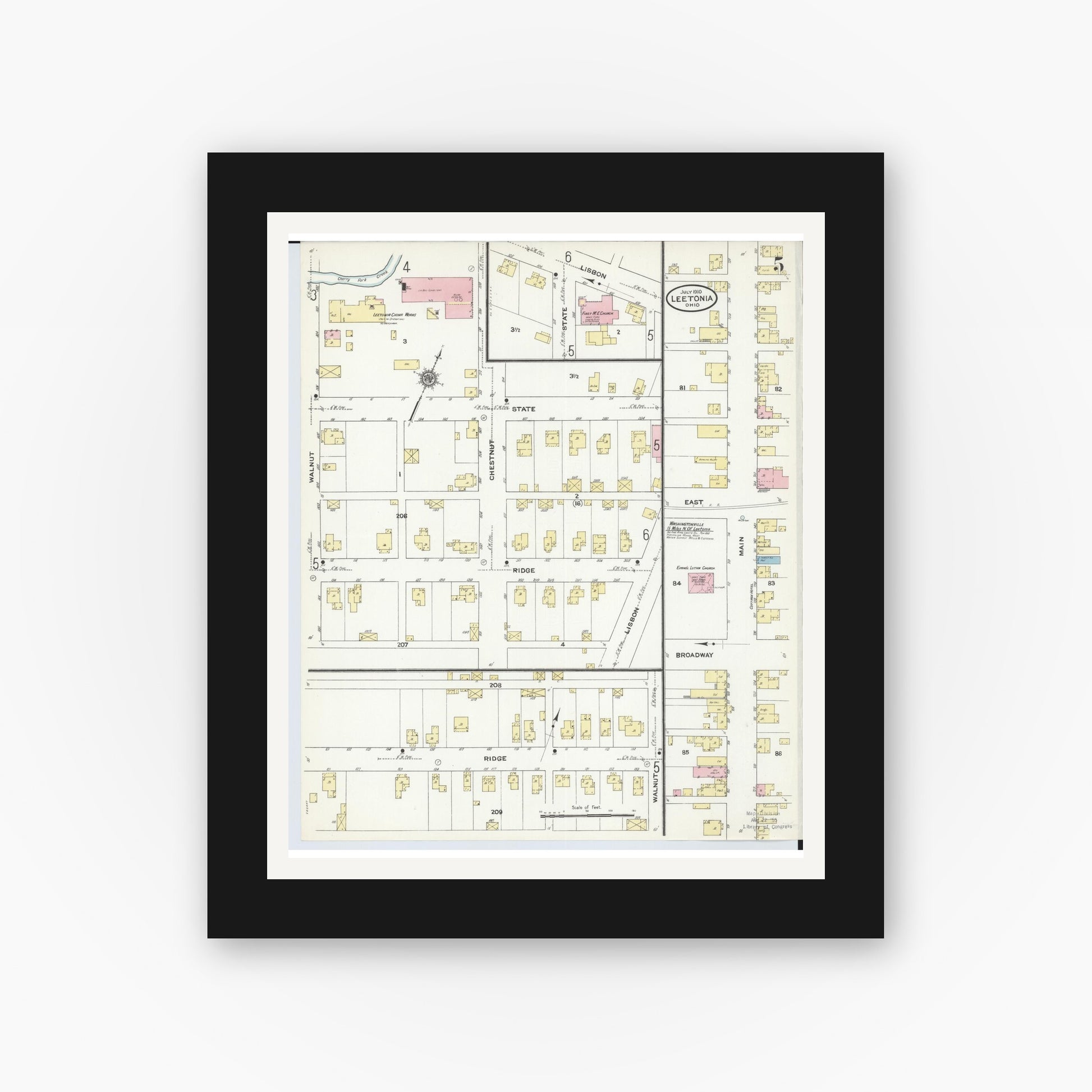 Old map wall art mockup — black gallery frame with white mat — Sanborn Fire Insurance Map from Leetonia, Columbiana County, Ohio (1910), Sheet #0005