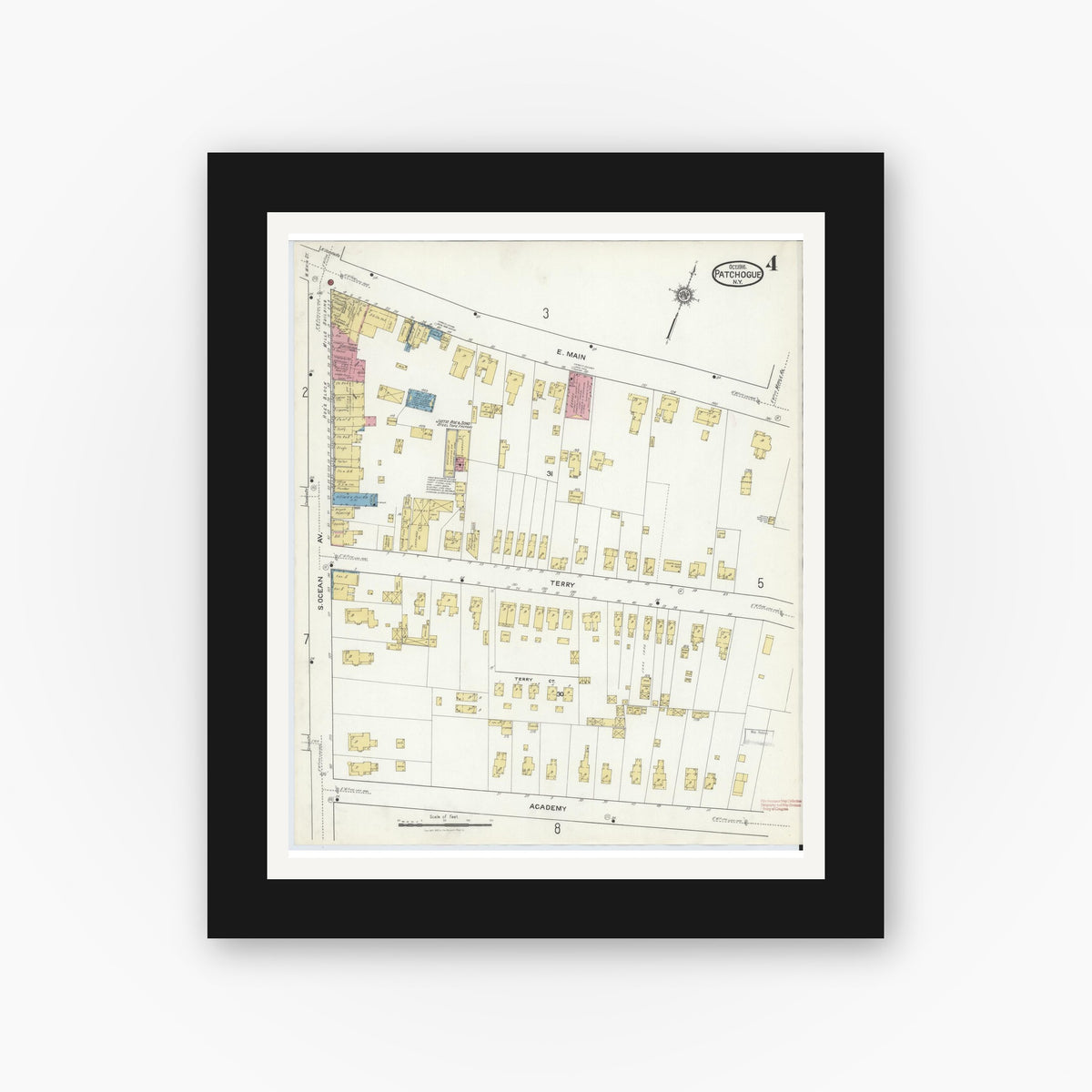 Old map wall art mockup — black gallery frame with white mat — Sanborn Fire Insurance Map from Patchogue, Suffolk County, New York (1916), Sheet #0004