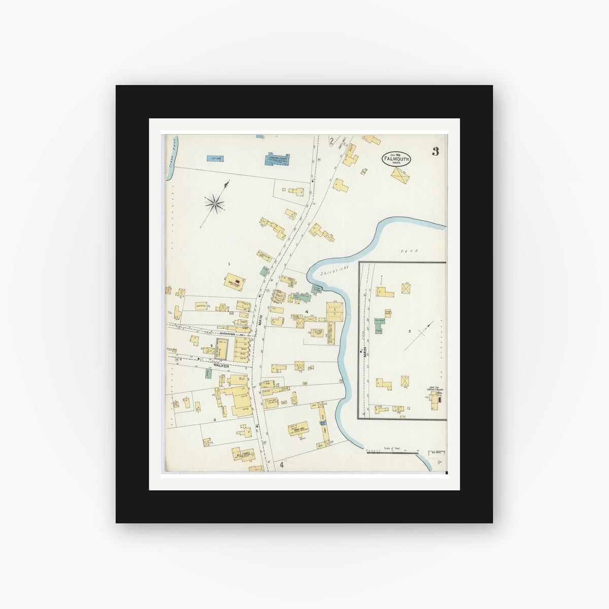 Old map wall art mockup — black gallery frame with white mat — Sanborn Fire Insurance Map from Falmouth, Barnstable County, Massachusetts (1906), Sheet #0003
