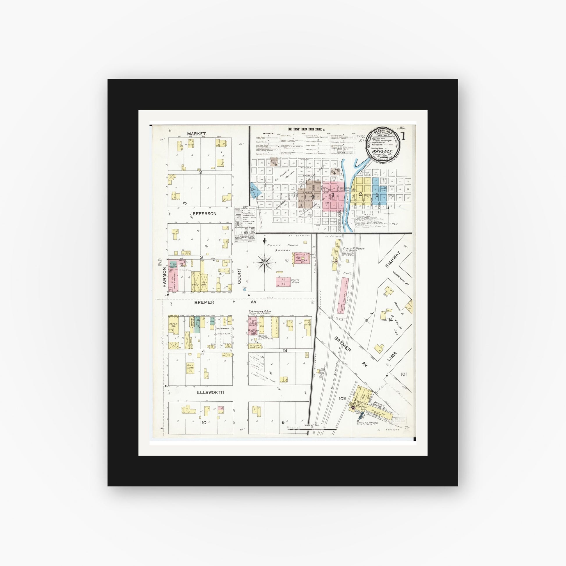 Old map wall art mockup — black gallery frame with white mat — Sanborn Fire Insurance Map from Waverly, Bremer County, Iowa (1892) â€” Complete Set