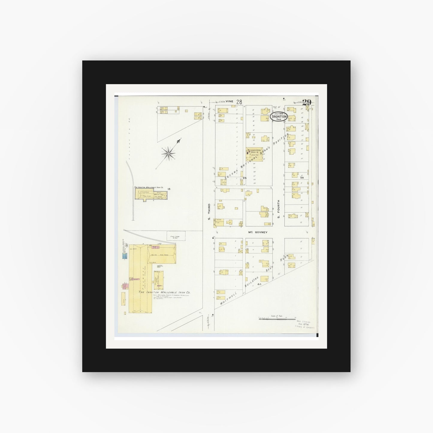 Old map wall art mockup — black gallery frame with white mat — Sanborn Fire Insurance Map from Ironton, Lawrence County, Ohio (1909), Sheet #0029