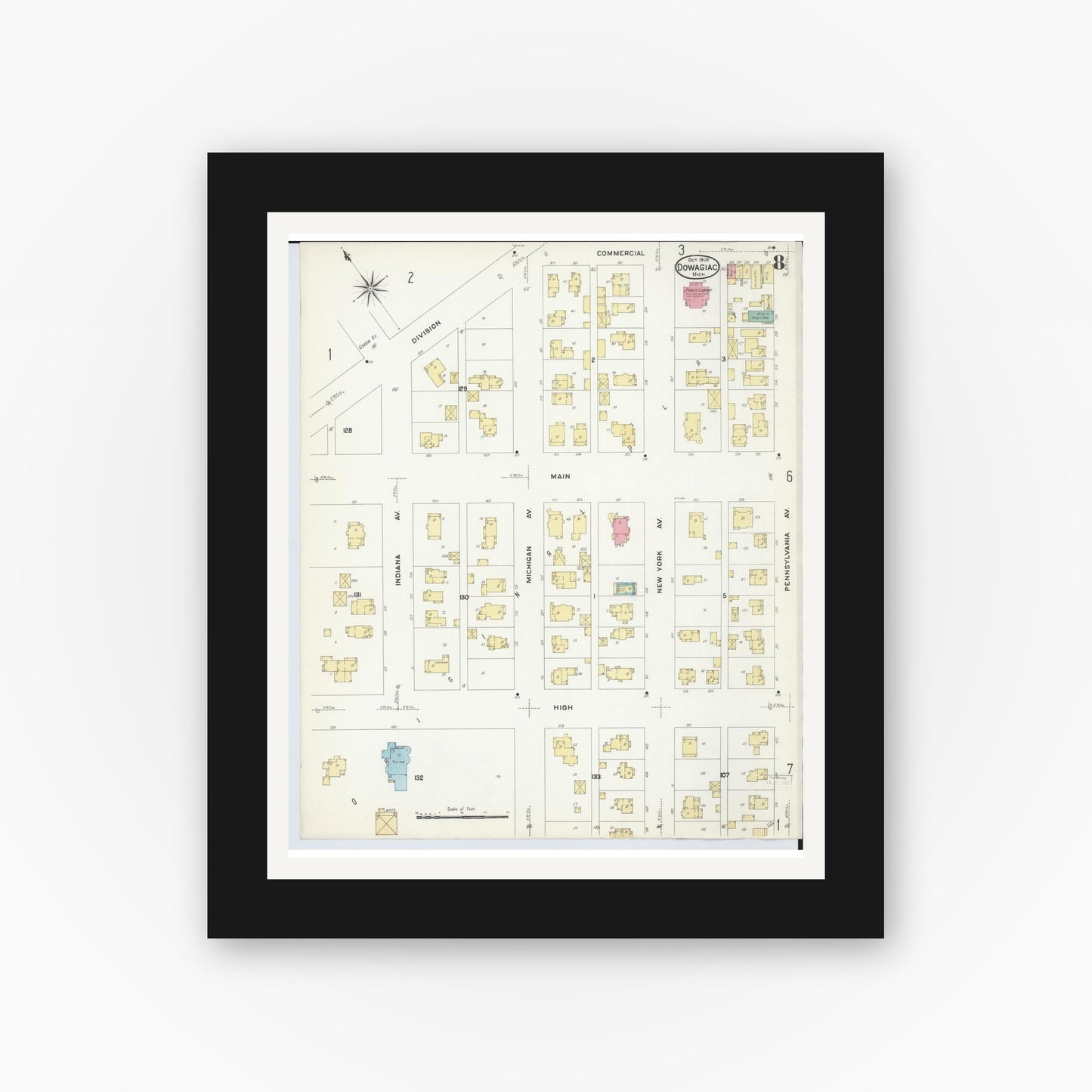 Old map wall art mockup — black gallery frame with white mat — Sanborn Fire Insurance Map from Dowagiac, Cass County, Michigan (1908), Sheet #0008