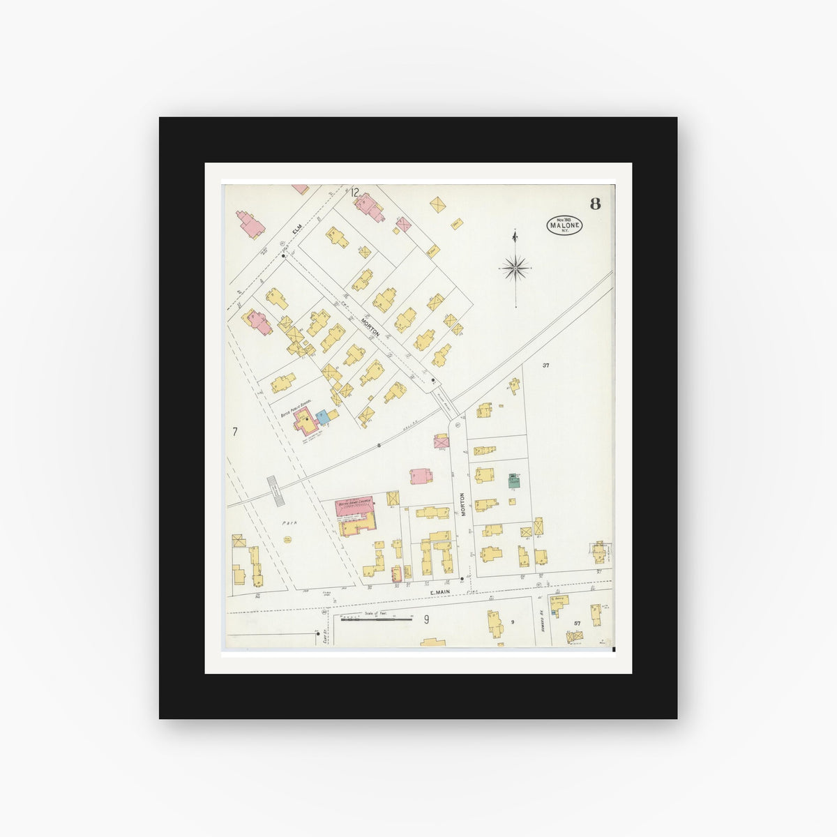 Old map wall art mockup — black gallery frame with white mat — Sanborn Fire Insurance Map from Malone, Franklin County, New York (1903), Sheet #0008
