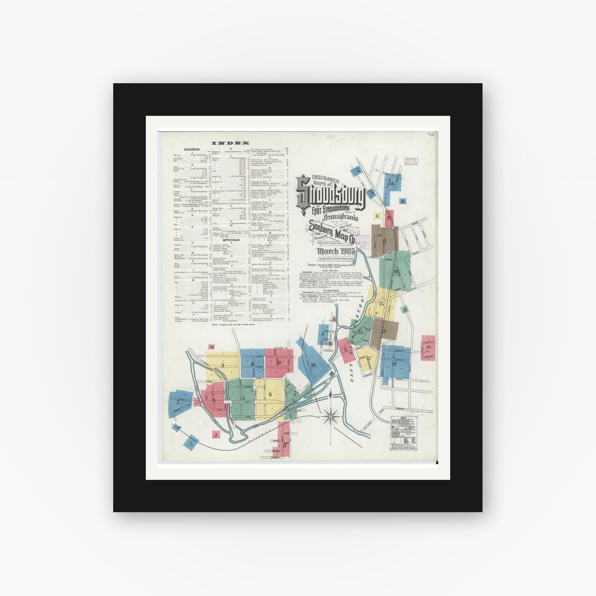 Old map wall art mockup — black gallery frame with white mat — Sanborn Fire Insurance Map from Stroudsburg, Monroe County, Pennsylvania (1905) - Complete Map Set