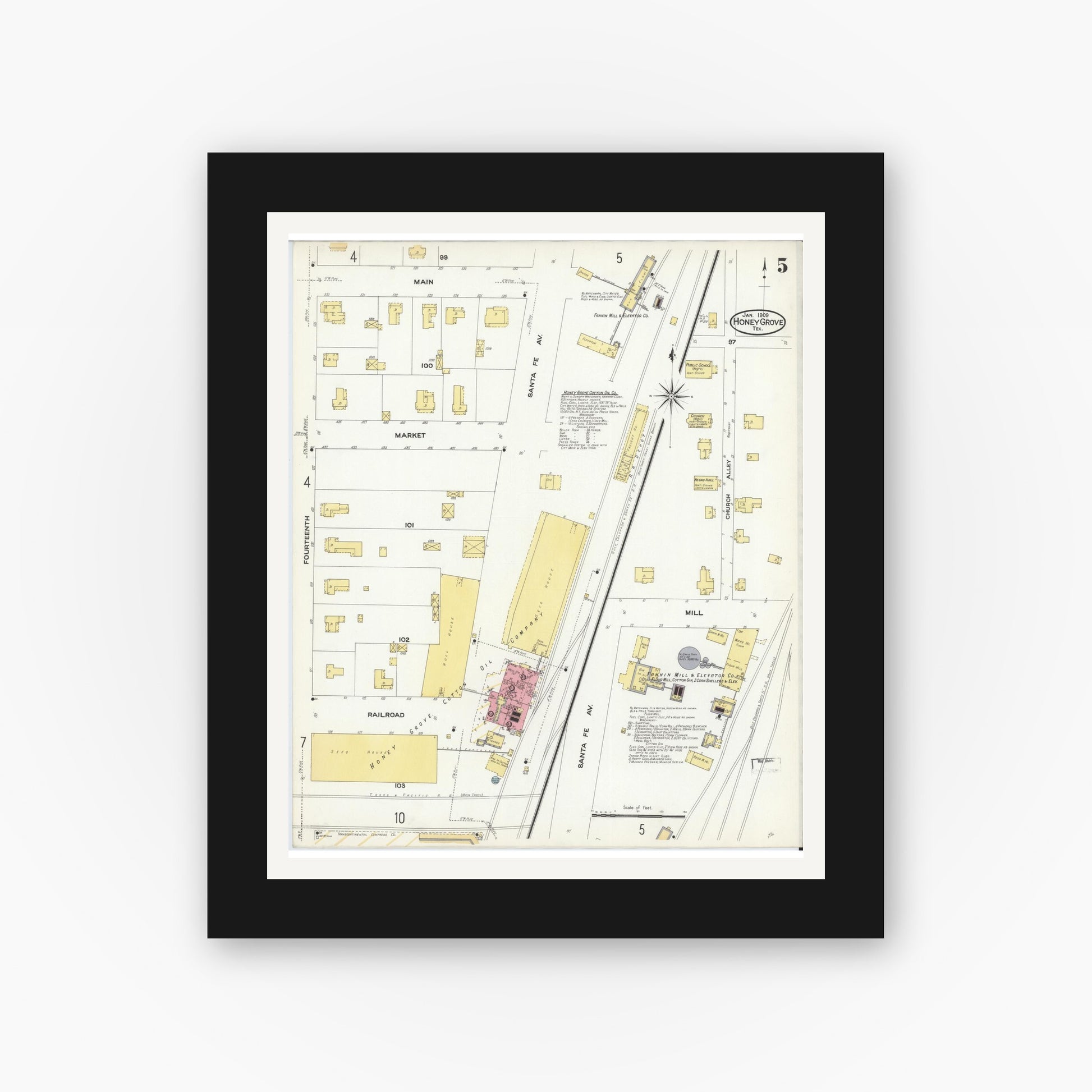 Old map wall art mockup — black gallery frame with white mat — Sanborn Fire Insurance Map from Honey Grove, Fannin County, Texas (1909), Sheet #0005