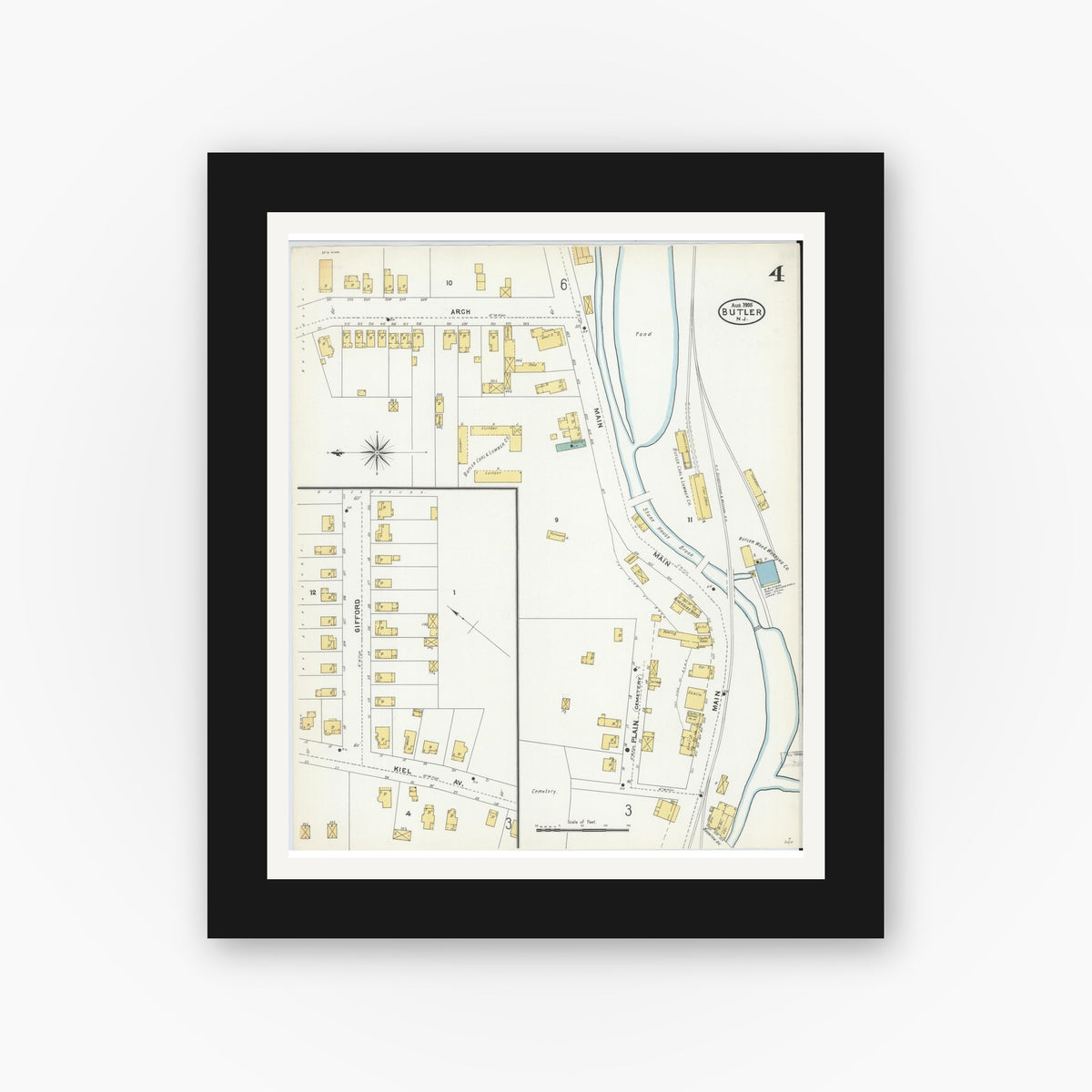 Old map wall art mockup — black gallery frame with white mat — Sanborn Fire Insurance Map from Butler, Morris County, New Jersey (1905), Sheet #0004