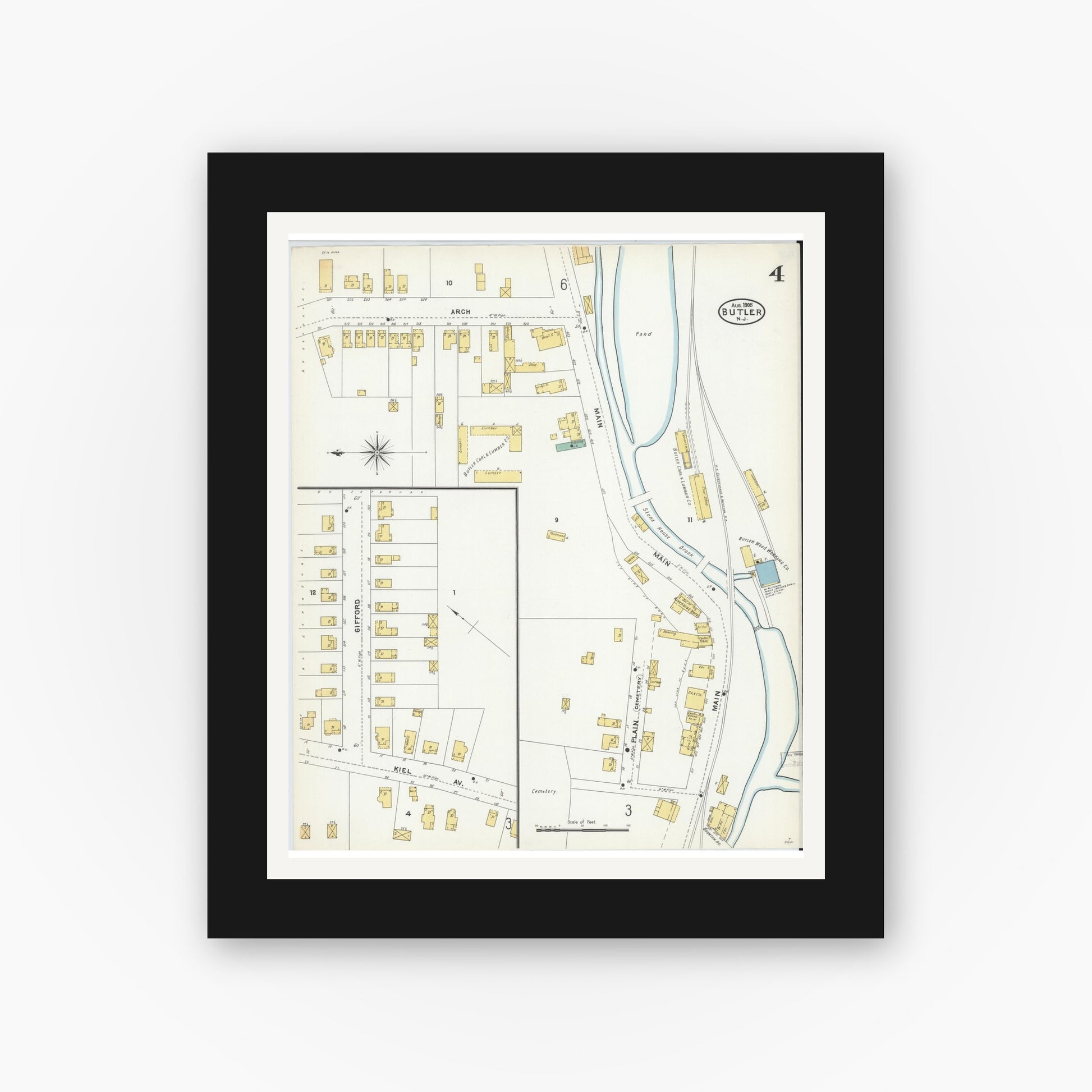 Old map wall art mockup — black gallery frame with white mat — Sanborn Fire Insurance Map from Butler, Morris County, New Jersey (1905), Sheet #0004