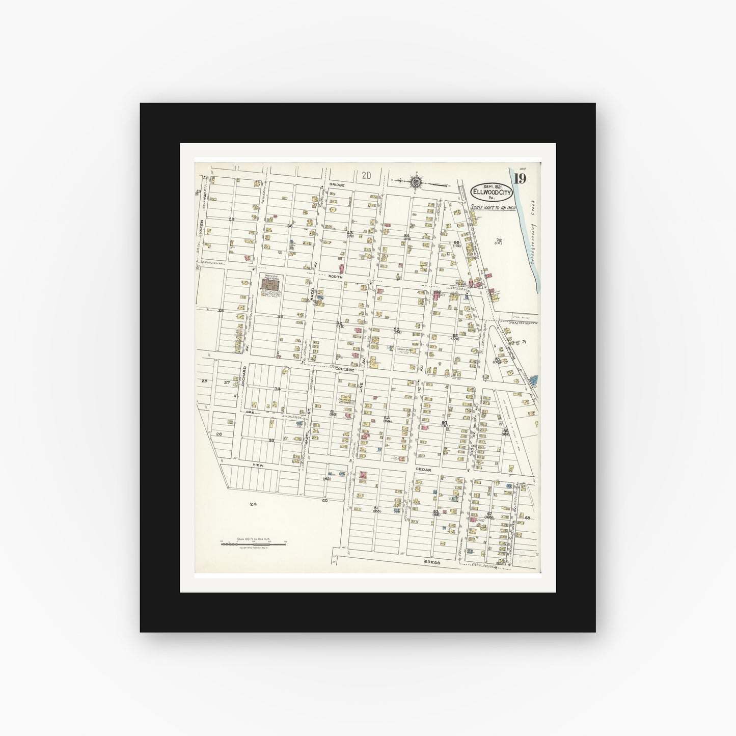 Old map wall art mockup — black gallery frame with white mat — Sanborn Fire Insurance Map from Ellwood City, Lawrence County, Pennsylvania (1921), Sheet #0019