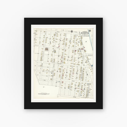 Old map wall art mockup — black gallery frame with white mat — Sanborn Fire Insurance Map from Ellwood City, Lawrence County, Pennsylvania (1921), Sheet #0019