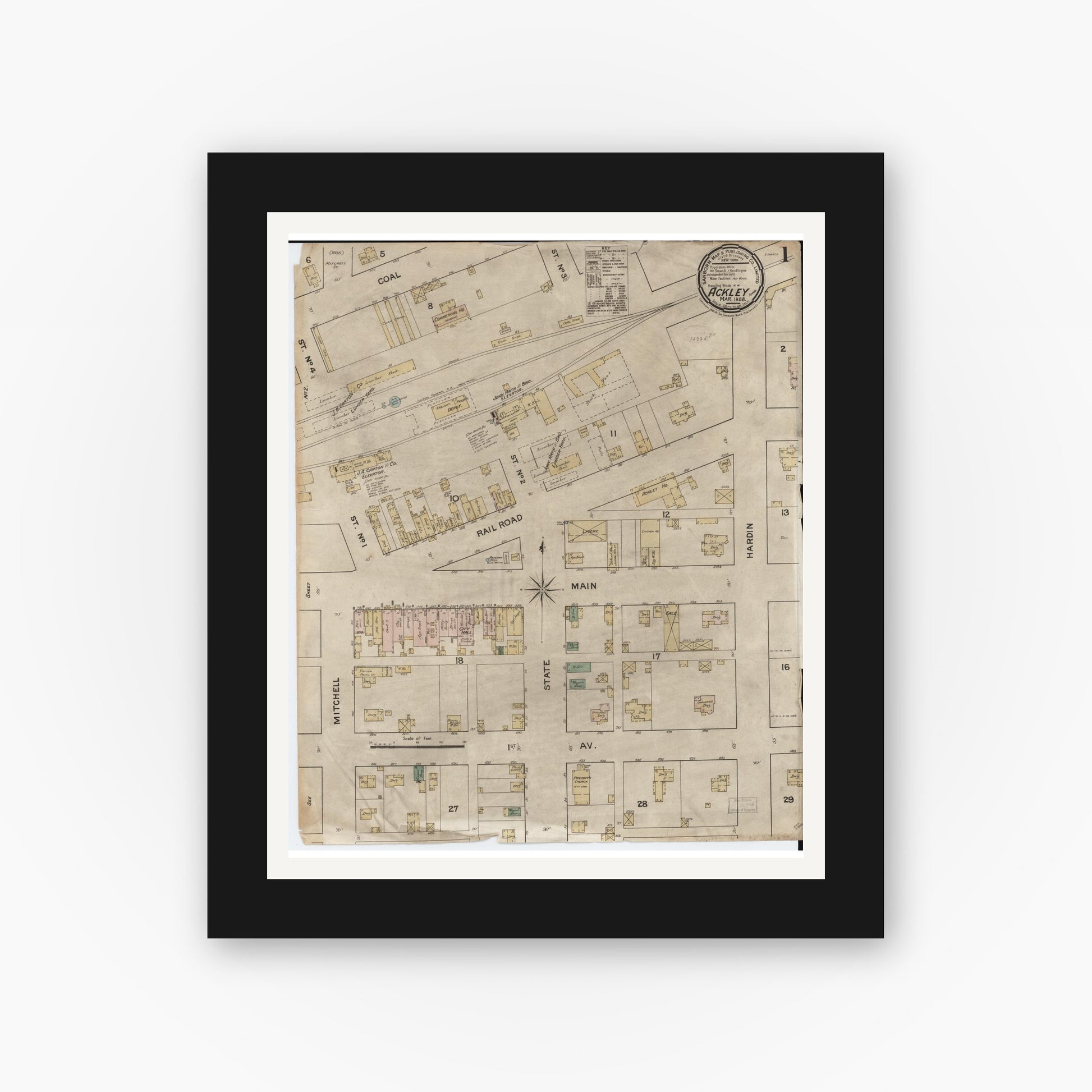 Old map wall art mockup — black gallery frame with white mat — Sanborn Fire Insurance Map from Ackley, Hardin and Franklin Counties, Iowa (1888) â€” Complete Set