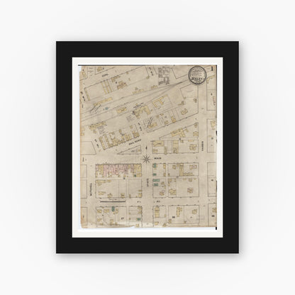Old map wall art mockup — black gallery frame with white mat — Sanborn Fire Insurance Map from Ackley, Hardin and Franklin Counties, Iowa (1888) â€” Complete Set
