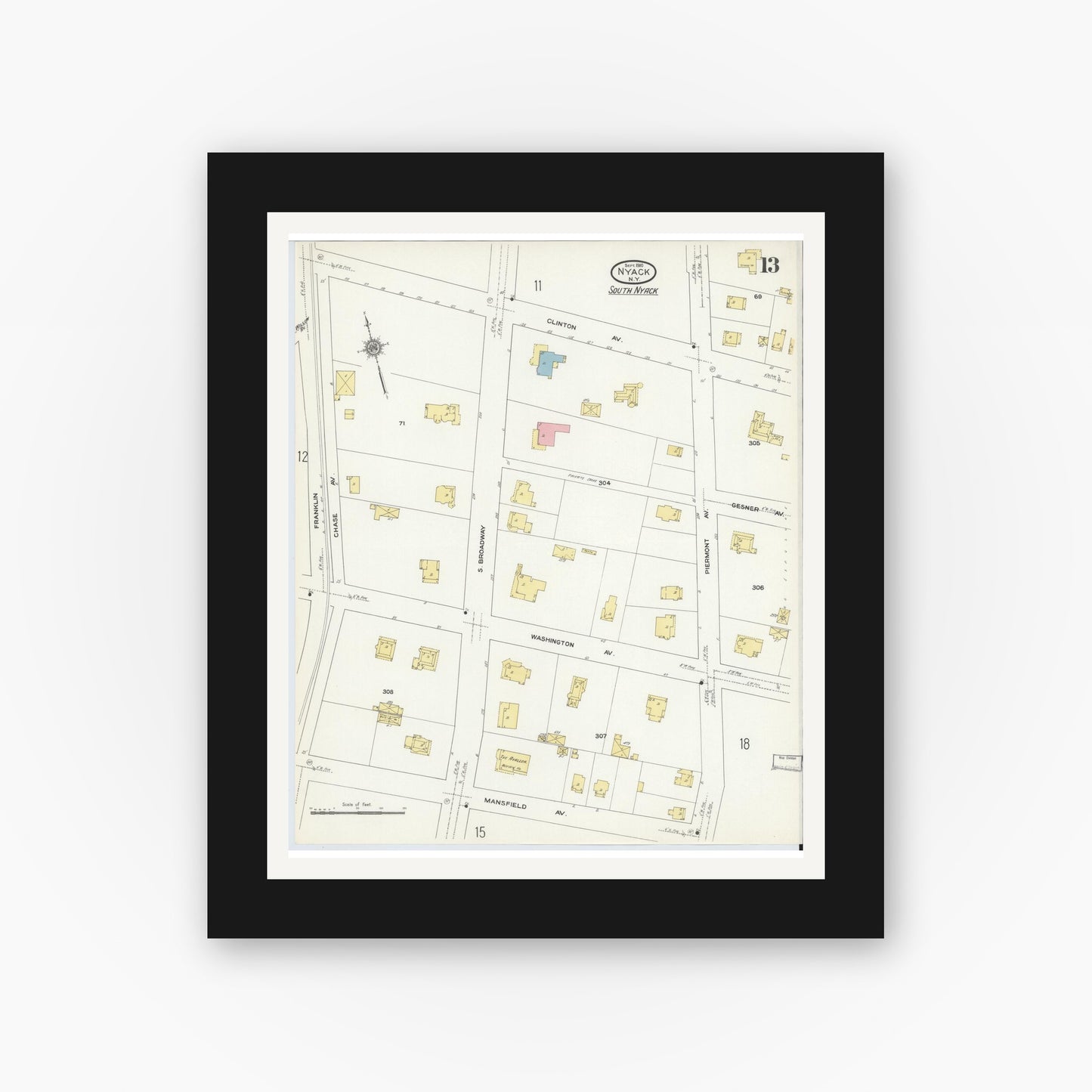 Old map wall art mockup — black gallery frame with white mat — Sanborn Fire Insurance Map from Nyack, Rockland County, New York. (1910), Sheet #0013