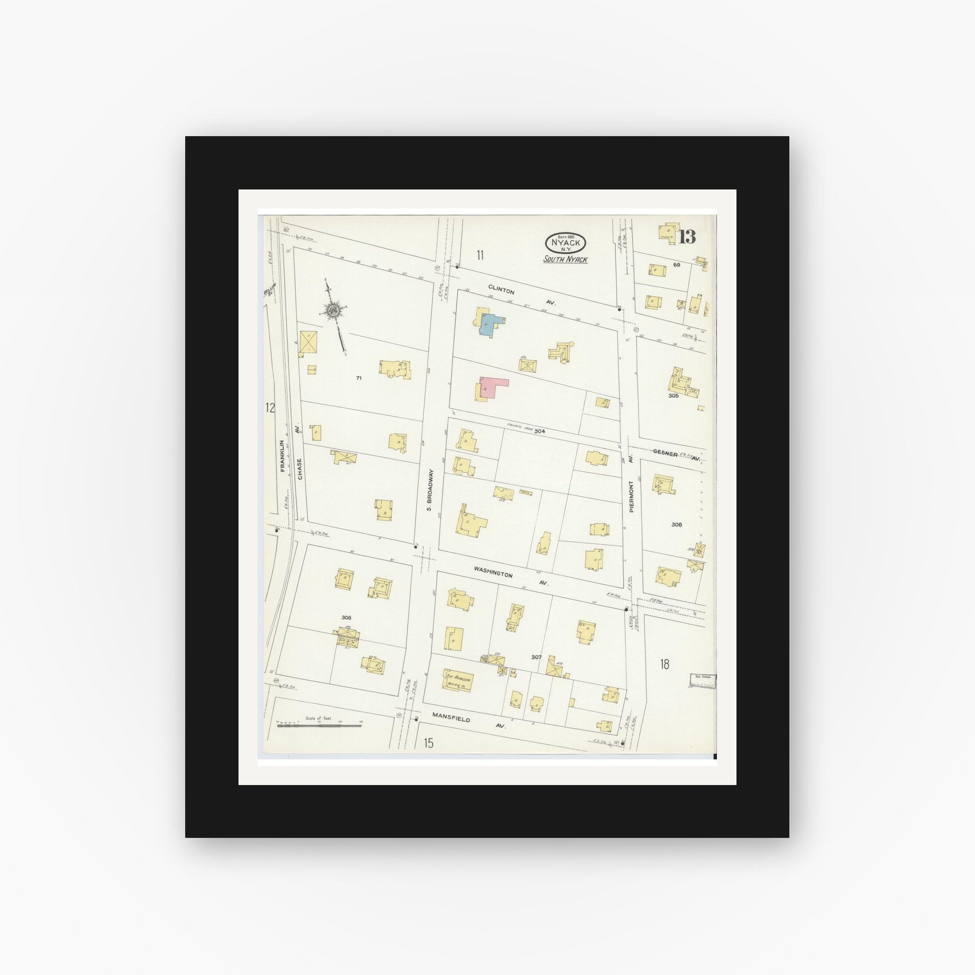 Old map wall art mockup — black gallery frame with white mat — Sanborn Fire Insurance Map from Nyack, Rockland County, New York. (1910), Sheet #0013