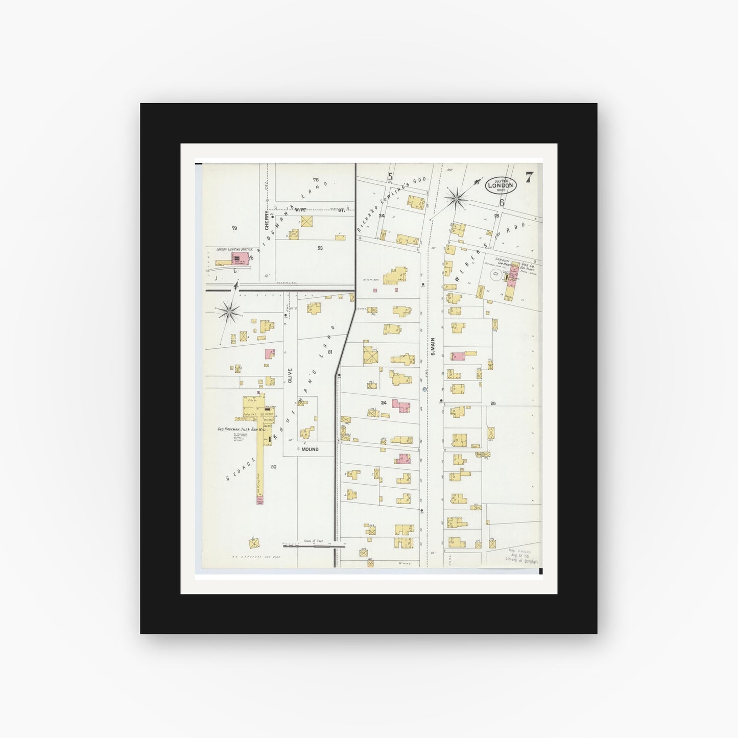 Old map wall art mockup — black gallery frame with white mat — Sanborn Fire Insurance Map from London, Madison County, Ohio (1901), Sheet #0007