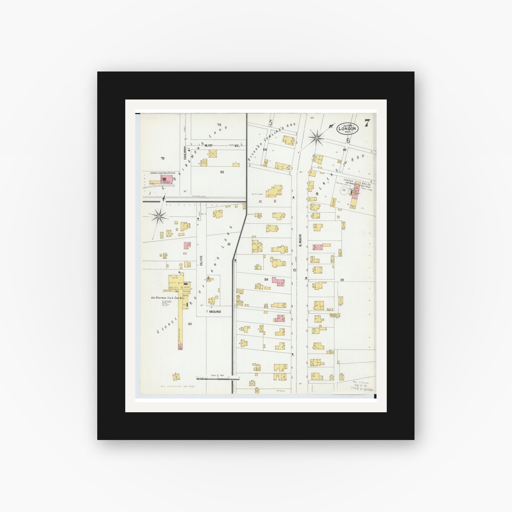 Old map wall art mockup — black gallery frame with white mat — Sanborn Fire Insurance Map from London, Madison County, Ohio (1901), Sheet #0007