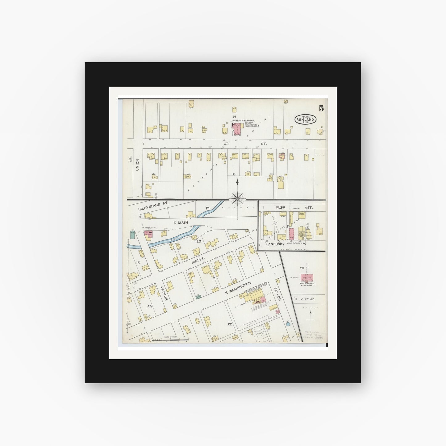 Old map wall art mockup — black gallery frame with white mat — Sanborn Fire Insurance Map from Ashland, Ashland County, Ohio (1893), Sheet #0005