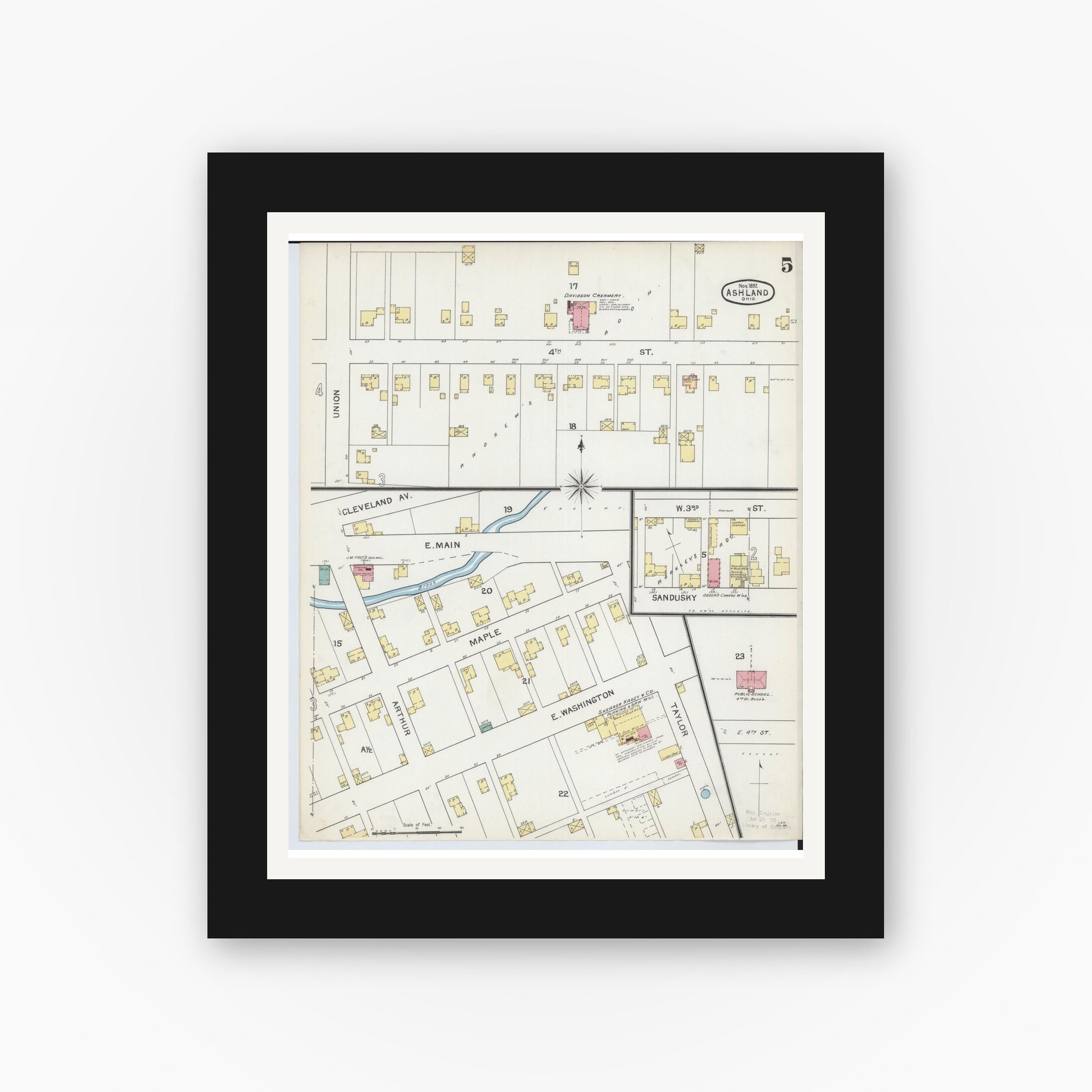 Old map wall art mockup — black gallery frame with white mat — Sanborn Fire Insurance Map from Ashland, Ashland County, Ohio (1893), Sheet #0005