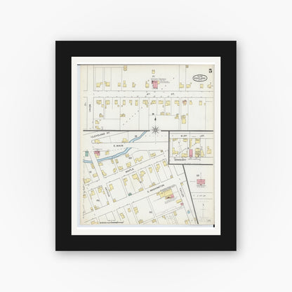 Old map wall art mockup — black gallery frame with white mat — Sanborn Fire Insurance Map from Ashland, Ashland County, Ohio (1893), Sheet #0005