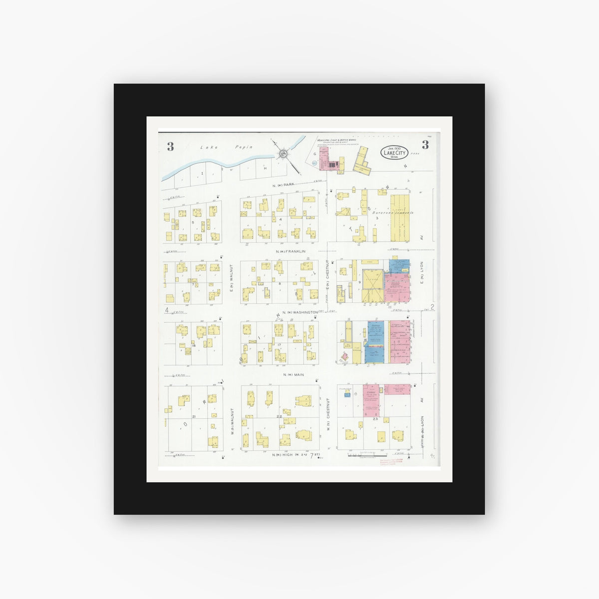 Old map wall art mockup — black gallery frame with white mat — Sanborn Fire Insurance Map from Lake City, Wabasha County, Minnesota (1930), Sheet #0003