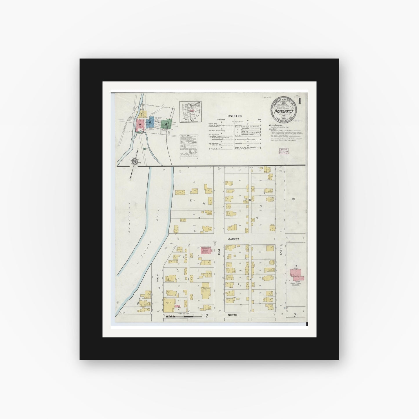 Old map wall art mockup — black gallery frame with white mat — Sanborn Fire Insurance Map from Prospect, Marion County, Ohio (1916) - Complete Map Set