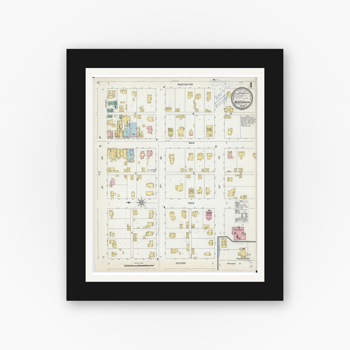 Old map wall art mockup — black gallery frame with white mat — Sanborn Fire Insurance Map from Pecatonica, Winnebago County, Illinois (1898) - Complete Map Set