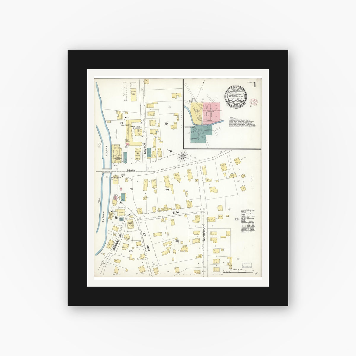 Old map wall art mockup — black gallery frame with white mat — Sanborn Fire Insurance Map from Sutter Creek, Amador County, California (1895) - Complete Map Set