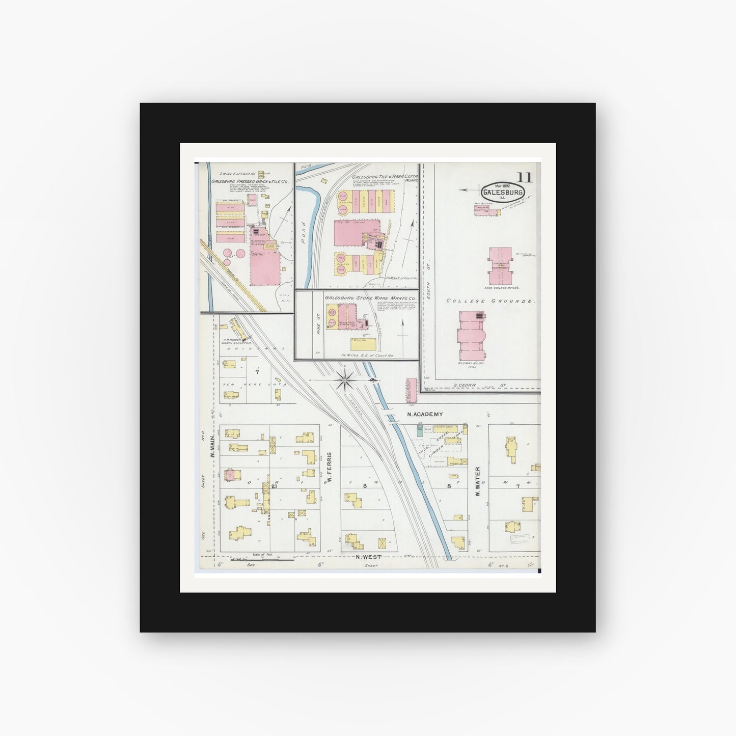 Old map wall art mockup — black gallery frame with white mat — Sanborn Fire Insurance Map from Galesburg, Knox County, Illinois (1892), Sheet #0011