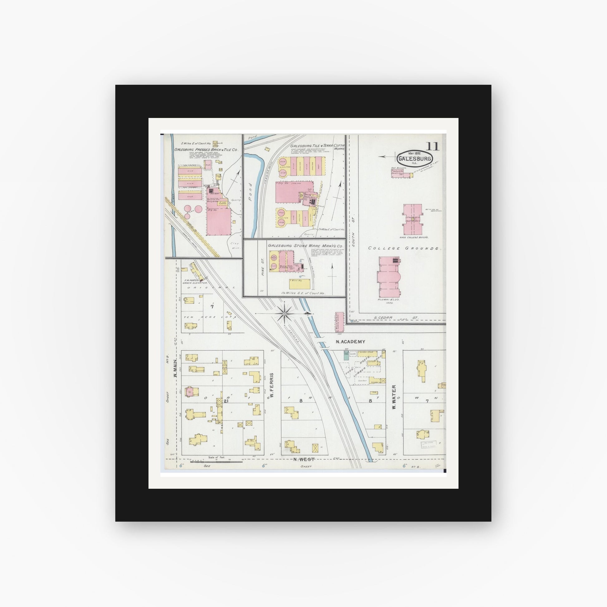 Old map wall art mockup — black gallery frame with white mat — Sanborn Fire Insurance Map from Galesburg, Knox County, Illinois (1892), Sheet #0011