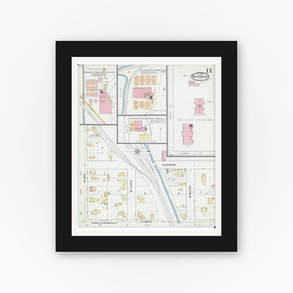 Old map wall art mockup — black gallery frame with white mat — Sanborn Fire Insurance Map from Galesburg, Knox County, Illinois (1892), Sheet #0011